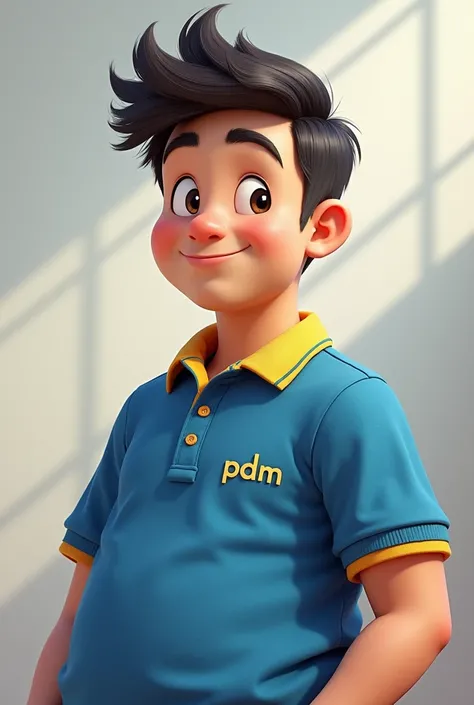 
Young adult man short hair quiff small round face a little pinkish white skin thin nose fat body wearing blue polo shirt with yellow collar with "PDM" written on the chest