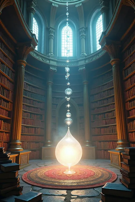 create a room in a magical library where there is a shining pearl in the middle of the room