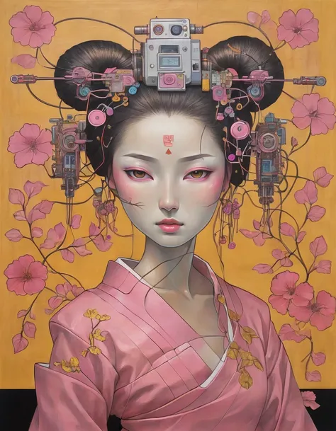 collage painting, robot geisha, big breasts, cleavage, big eyes, ulzzang, wires, buttons, circuits, vines, twigs, nature, science, dramatic, sexy, romanticism, cyberpunk, neo-classical, experimentalism, baroque, impressionism, expressionism, unexplained be...