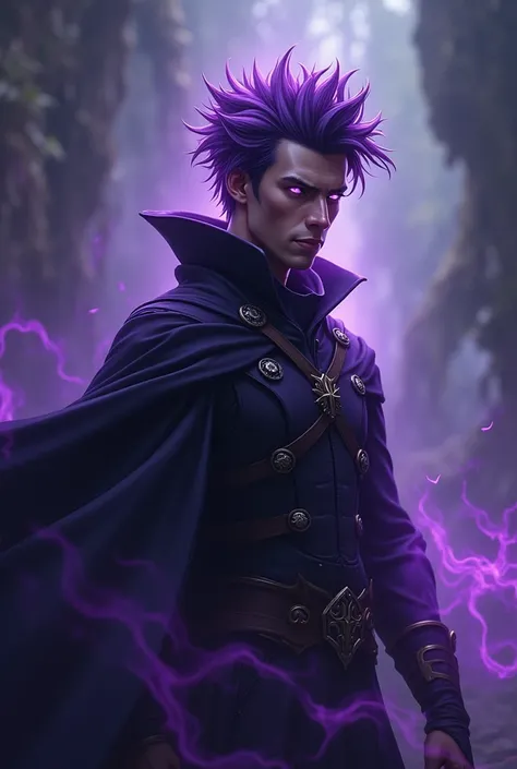 Hero man, purple hair, purple eyes, magic purple with black and with a black aura