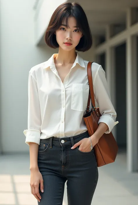 Japanese woman with short hair, white shirt, jeans, sexy bag
