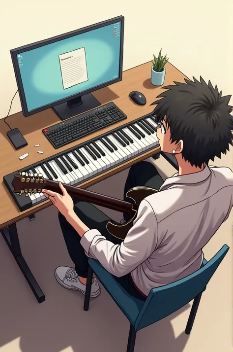 I want a pose to draw. The pose is of an anime male playing an electric guitar sitting at a desk in front of a computer from a top down side view. , The table in front of the small electric piano has a few sheets of paper with a tired, listless face facing...