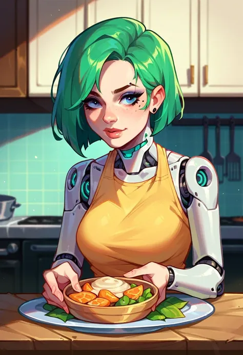 A green-haired, robot-bodied woman cooks,kitchen,Neck Shoulder Cyborg,