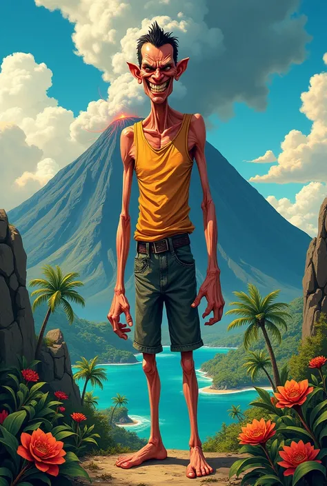 Create a colorful drawing of a thin, ugly man with a mocking face on an island with a volcano 