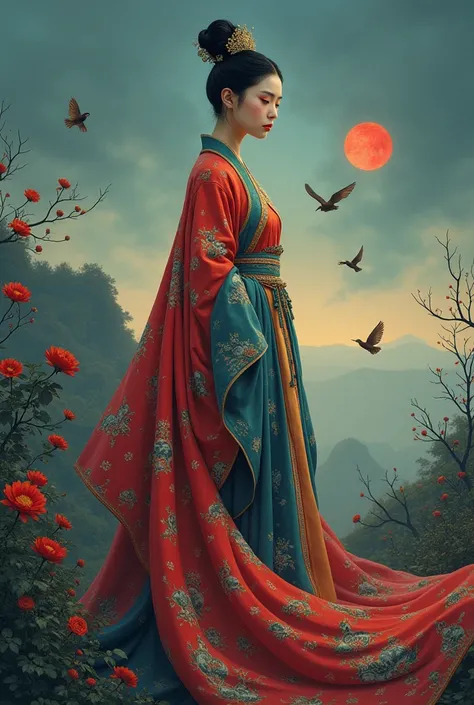 China elegant traditional costume with lots of color, surreal and weird with meaning portrait dusk 

