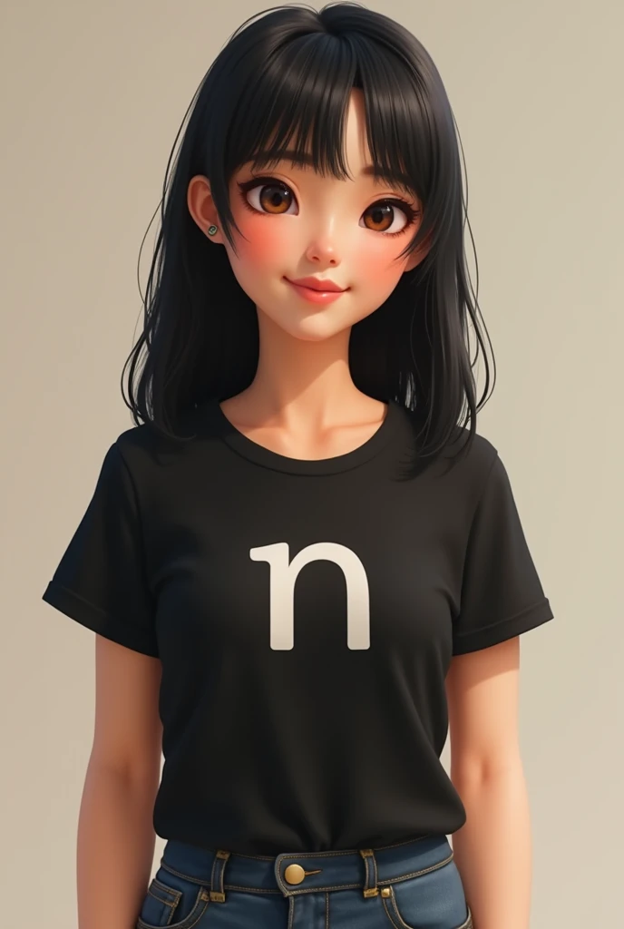 A short girl with normal skin and straight black hair with full lips and a round face and a chubby body with a black t-shirt with the letter N printed on it.