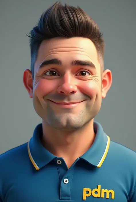 
Adult man young short hair quiff small round face a little pinkish white skin thin nose fat body wearing blue polo shirt with yellow collar with "PDM" written on the chest