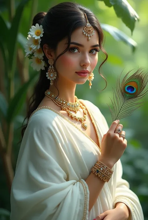 Beautiful girl in white saree, wearing flower jewellery, with peacock feather in hand and background is green nature 