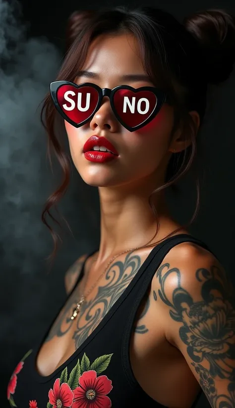 cute tanned japanese woman, amorous and lewd face, bun brown hair, forehead, make-up, grey eyes, superlative body proportion, covered in tattoos, wearing sleeveless black floral shirt,  she is wearing big red lense plastic glasses in heart shape, and type ...