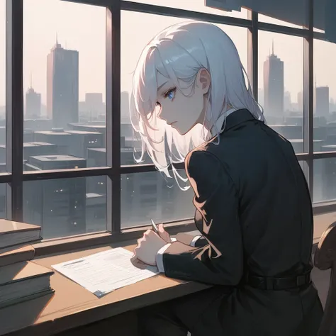 Woman with white hair and expressionless blue eyes, dressed in a black suit, sitting behind a desk, reviewing documents, in the background a glass window overlooking the city at night.