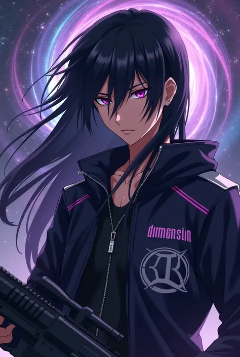 Cool anime guy with Long Black Hair , Purple Eye , Mid Tanned , Mature Looking , " Dimension " Printed Jacket  , Galaxy theme Background , with A Sniper in hand