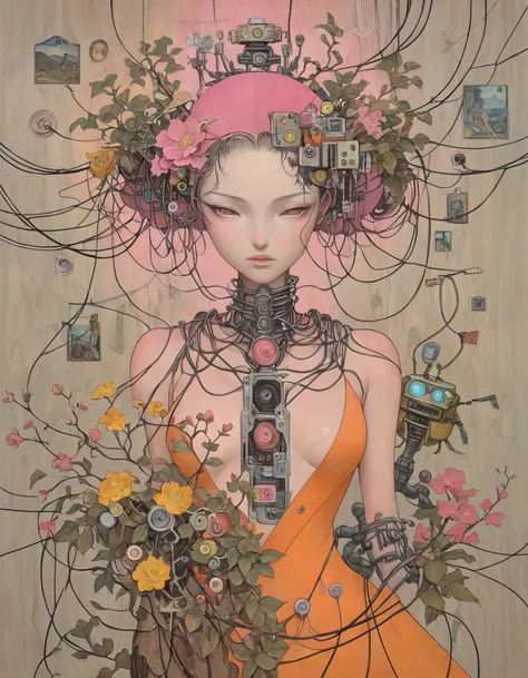 collage painting, many robot geishas, wires, buttons, circuits, vines, twigs, nature, science, dramatic, sexy, romanticism, cyberpunk, neo-classical, experimentalism, baroque, impressionism, expressionism, unexplained beauty, avant garde, art deco, art nou...