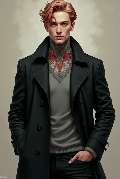 A man wearing a dark coat with a Gray sweater, dark pants, he has a tattoo in his neck and the tattoo is a empty circle with red wings, his hair is rose blonde and his eyes color is light brown, he is tall, he has dimple in his chin