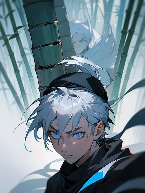 Ninja、Gray Hair、knife、wind、Neutral face、male、scarf、black、Glowing Eyes、blue eyes、Bamboo grove、cool、fog