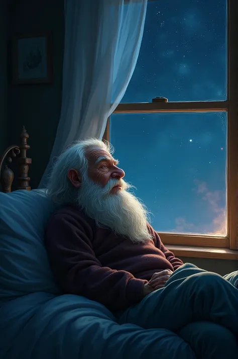 An old gnome lies on his bed deep in the night, looking out the window at the stars, and it is dark in the room.