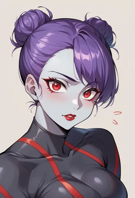 girl（）、Purple Hair、Bun Hair、Show your amount、Grey skin-tight suit、Red lipstick、Red lines on the cheeks、Anime Moe art style、whole body