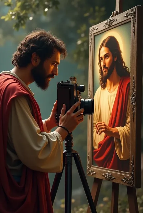 Matthew the Evangelist taking a photo of an animated Jesus 