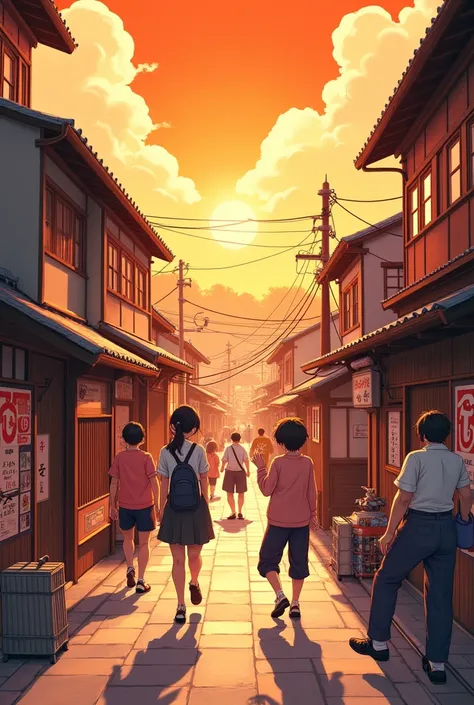 a japanese village with several people walking around it. orange environment, japanese posters, daytime, anime art 