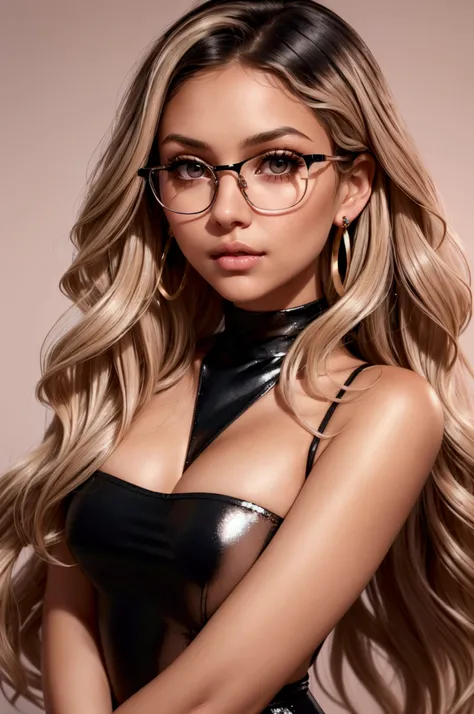 A young woman with black tousled wavy hair and blonde highlights that falls to her shoulders, . Her expression is neutral, with slightly parted pink lips, and penetrating light brown eyes, with glasses. She wears small elegant and shiny earrings and a low-...