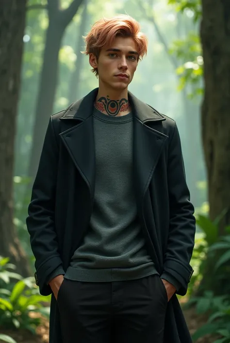 A realistic man wearing a dark coat with a Gray sweater, dark pants, he has a tattoo in his neck and the tattoo is a empty circle with red wings, his hair is rose blonde and his eyes color is light brown, he is tall, he has dimple in his chin, he is in the...