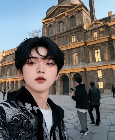 arafed man taking a selfie in front of a large building, cai xukun, jinyoung shin, jung jaehyun, yanjun chengt, hyung tae, inspired by jeonseok lee, steven jung, inspired by Zhang Han, male ulzzang, joon ahn, south korean male, jaeyeon nam, jeongseok lee, ...