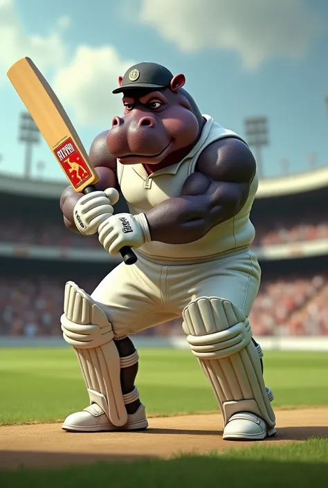 Hippopotamus human body bodybuilder in cricket ground and hand ma batt and cricket dress 