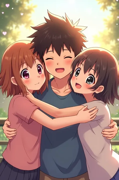 Anime two girls and an anime boy are hugging their bestfriend anime boy