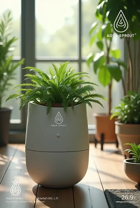 “Create an image for the end of a promotional video for a self-watering pot called Aqua Sprout. Show a modern, elegant pot, that waters itself. The pot should be in a natural environment, such as in a living room or on a balcony surrounded by plants. Add a...