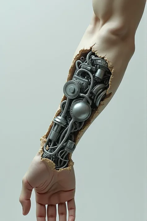 a human arm with robot mechanisms in the forearm, with the skin torn away revealing such hardware inside. Super realistic