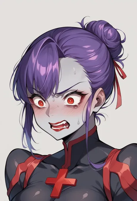 girl（）、Purple Hair、Bun Hair、Show your amount、Grey skin-tight suit、Red lipstick、Red vertical lines on cheeks、Anime Moe art style、Cross-legged、Scared