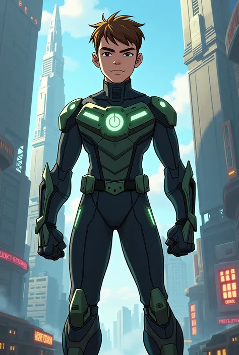 Ben 10 standing with with futuristic outfit
