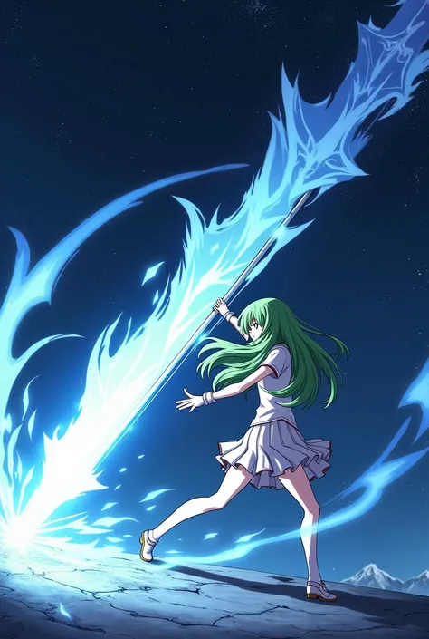 Night sky，White short-sleeved school uniform，White pleated skirt，white pantyhose，White Gloves，Green long hair anime girl，huge magic spear，attack posture