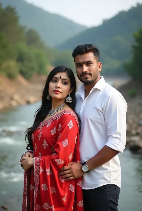 Here’s a detailed description of the image you uploaded:

1. Couple Posing: The image shows a couple, a man and a woman, standing close together, facing the camera. They seem to be taking a selfie.


2. Womans Appearance:

She is wearing a red traditional ...