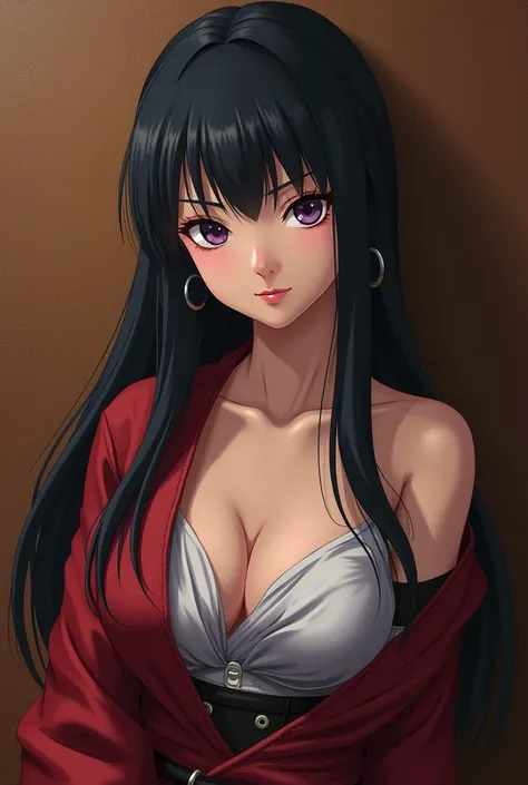 1 girl, long black hair with bangs, Hinata, big hunchback, big chest, pink lips, name Hinata Hyuga slightly smiling, realism, masterpiece, textured leather, super detail, high detail, high quality, best quality, 1080p, 16k