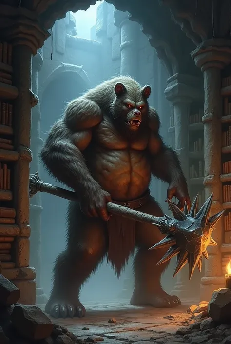 A bugbear with a monringstar in a dubgeon room with bookshelves, similar to a small library