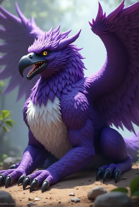 score_9, score_8_up, score_7_up, score_6_up, score_5_up, score_4_up, solo, feral, gryphon, beak with a black tip, wings, purple body, white chest, massive physique, lying on its side