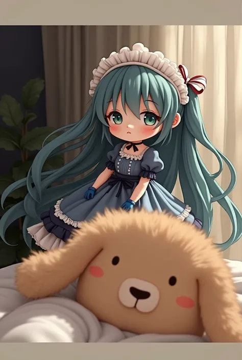 (artwork), (amazing work), (indirect linear lighting), (Chibi-cute studios), (beautiful anime gif), (cute cute kawaii), (Extremely detailed 8k CG unit wallpaper), (1 girl) wearing a nice dress, long blue hair with cute ruffled tiara, using kid gloves, Whit...