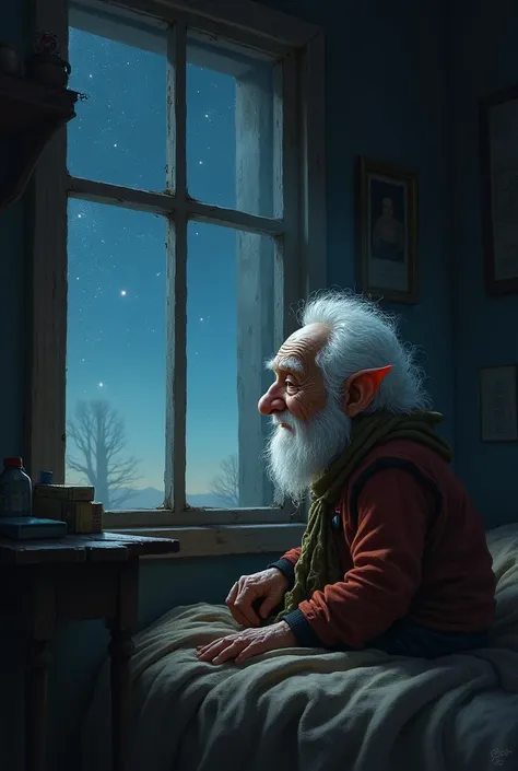 An old gnome on a bed looks out the window at the stars deep in the night, the room is dark 

