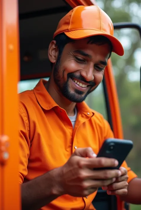 Happy bangladeshi truck driver is checking smartphone with an orange color theme

