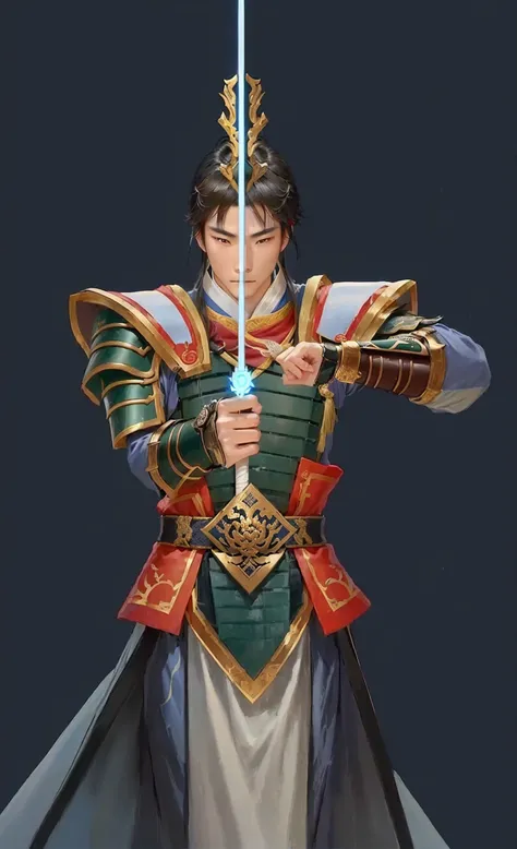 a close up of a person holding a sword in a dark room, zhao yun, inspired by Fan Kuan, masamune shiro, inspired by Huang Shen, inspired by Li Kan, chinese warrior, inspired by Zhao Yuan, inspired by Li Rongjin, g liulian art style, sengoku - era art style,...