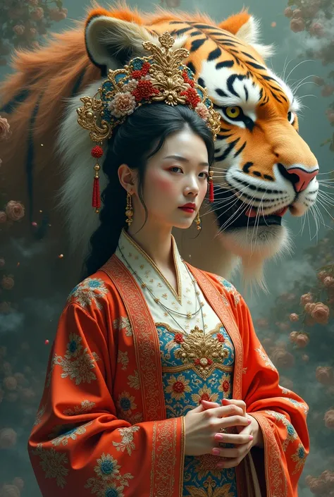 China elegant traditional costume with lots of color, Surreal and weird with meaning portrait with a tiger 

