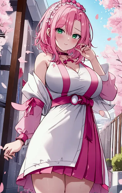 A girl with pink hair and green eyes poses for a photo shoot, Sakura Haruno, adult, Big Breasts, Best anime 4k konachan wallpaper, Enchanting anime girl, I also make fan art, sakura petals around her, Splash Art Anime , Anime Style 4k, Anime Moe Art Style,...