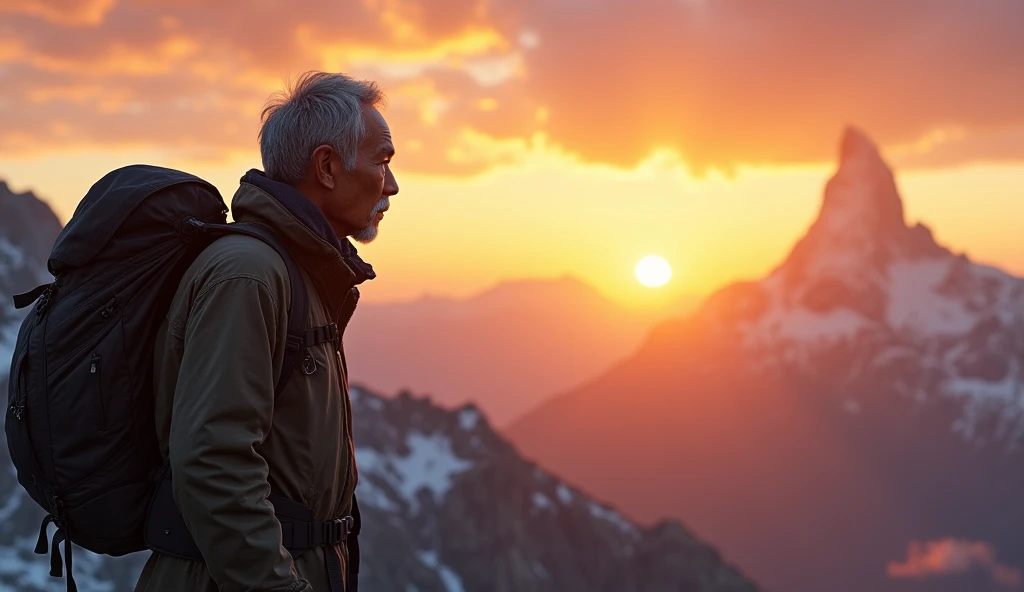 give me an Asian man with a wise face in profile in the left corner of the image, he is in hiking clothes on top of the mountain at sunset