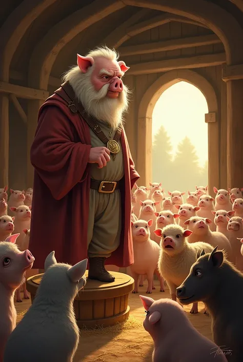 You can draw Old Major, The old and wise pig, standing in a high place inside the barn, while all the animals on the farm (not only pigs) They listen to him attentively. 