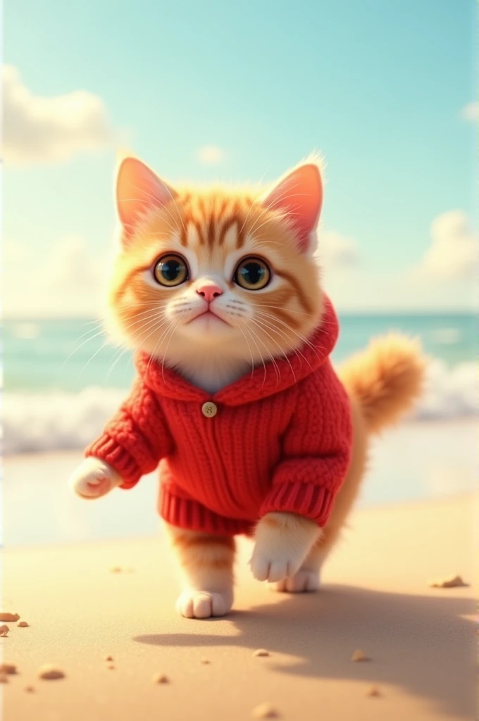 Make a most beautiful cute cat with red clothes is walking on the beach 