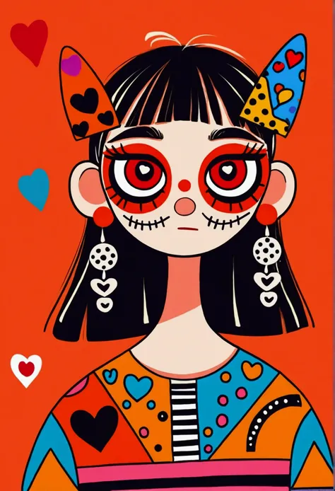 girl with bangs and cute bob haircut, wearing a playful skull mask with large hollow eyes and pointed ears, bright red square-shaped earrings, multicolored striped top, bold geometric design, standing pose, expressive cartoon style, worried facial expressi...