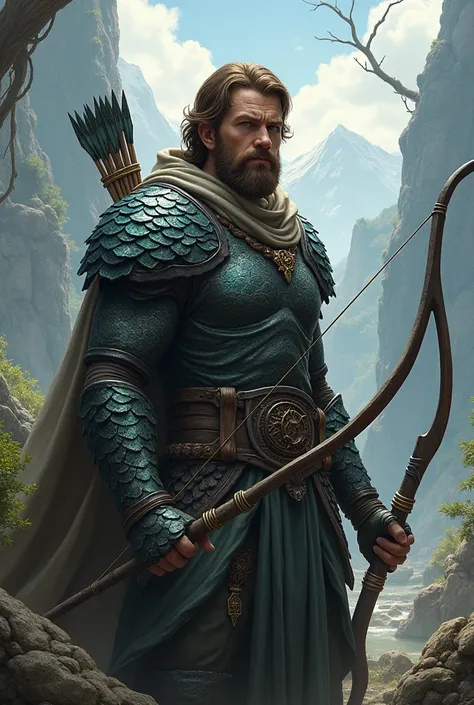 A strong bearded brown man with short wavy hair wearing dark dragon scale armor and a bow and arrow