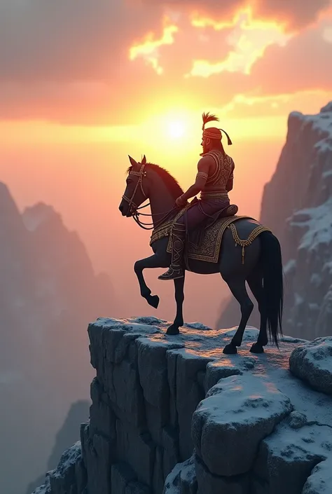  Make 3d image  shivaji maharaj sitting on horse on mountain peak edge looking at the sunrise