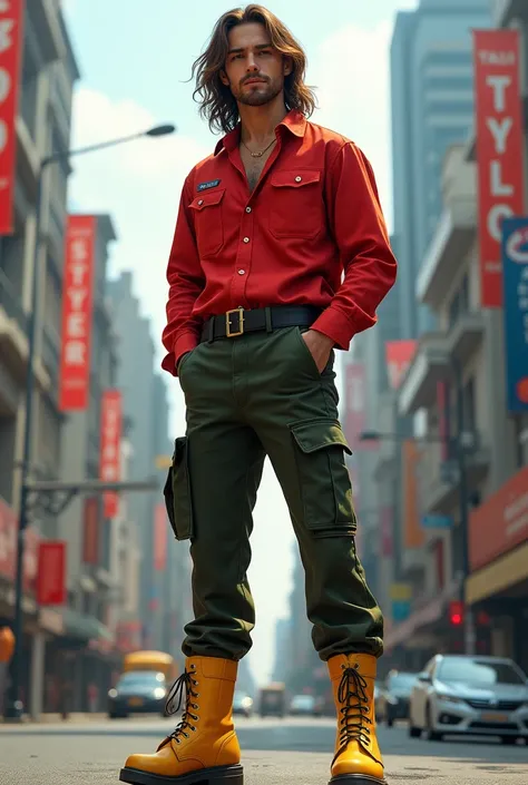 Young man, with red long sleeve blouse, dark green military pants, yellow boots, hands in pockets, Long hair, city scenery in the background