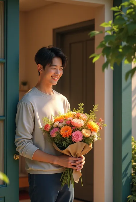 bts jimin with a bouquet of flowers at the door waiting to be delivered